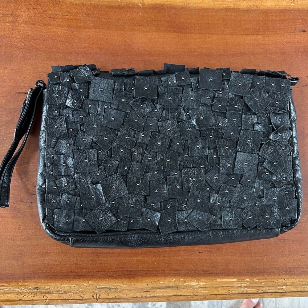 Kenneth Cole New York black leather silver stud large clutch purse